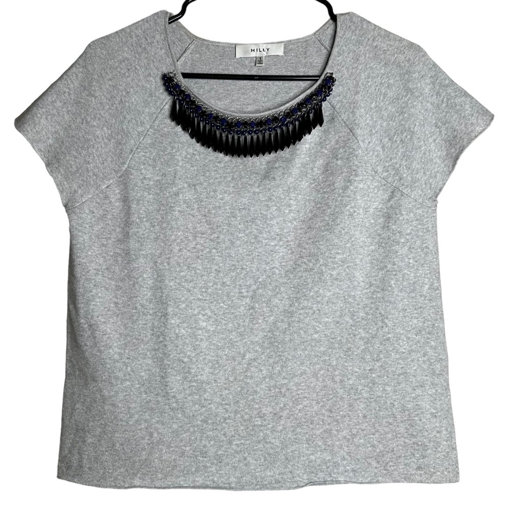 Milly Gray Scoop Neck Beaded Top